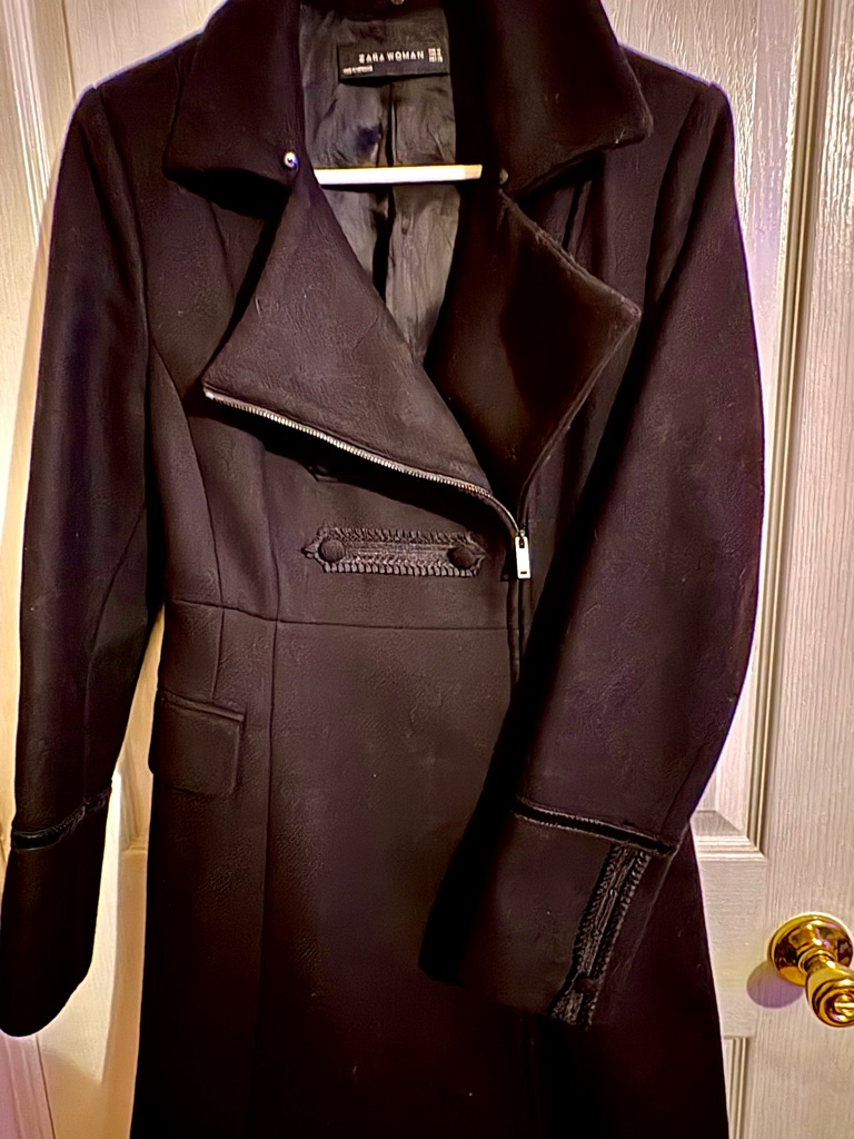 Zara Black Wool-Blend Pea Coat With Asymmetrical Zip